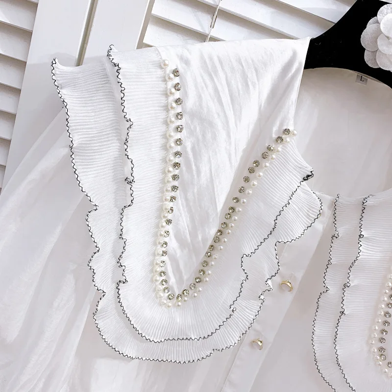 Summer Sweet Doll Collar Beaded Shirt Women's Solid Color Puff Short Sleeve Blouse Design Wooden Ear Cardigan Tops Mujer