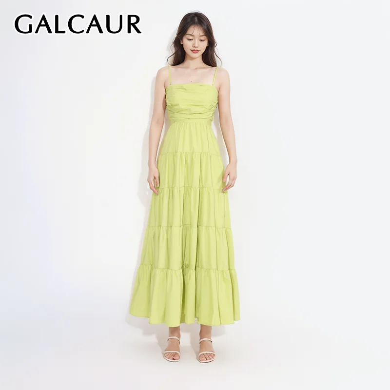 

GALCAUR Backless Pleated Dresses For Women Strapless Sleeveless High Waist Slim Tunic Solid Hollow Out Camisole Dress Female