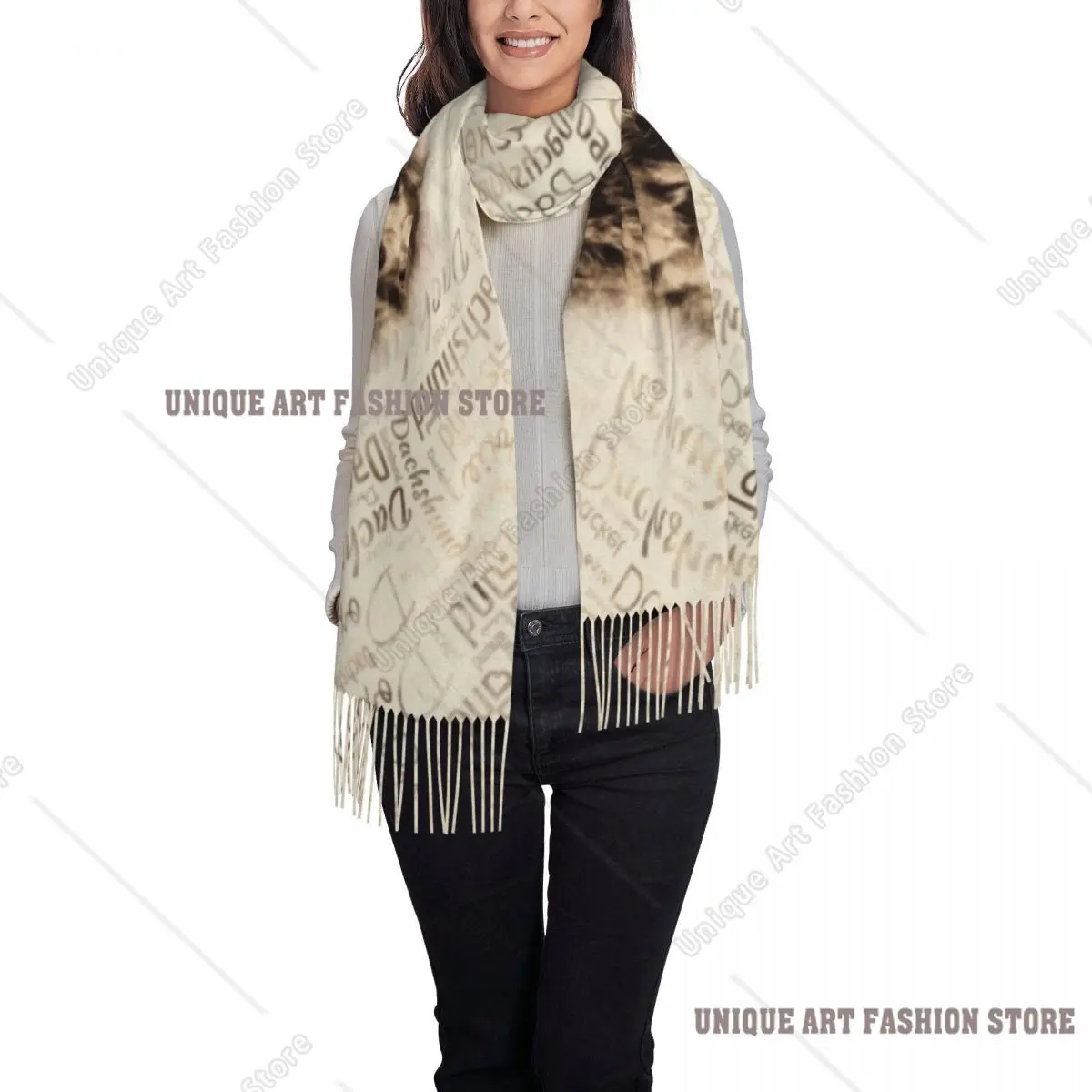 Szalik z nadrukiem długowłosego jamnika dla kobiet i mężczyzn, ciepły zimowy szal, szaliki z motywem jamnika, szaliki z motywem kiełbasy, szaliki z motywem wienera.