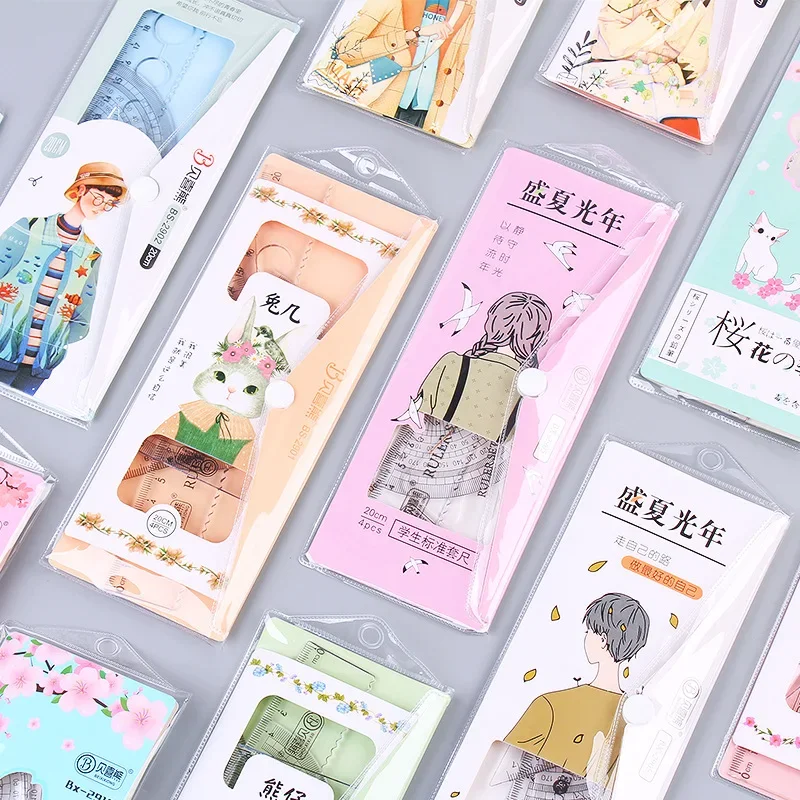 Straight Triangle Ruler, Protractor, 4pcs/set, School Office Supplies, Student Stationery, Drafting Drawing, Kawaii Cartoon