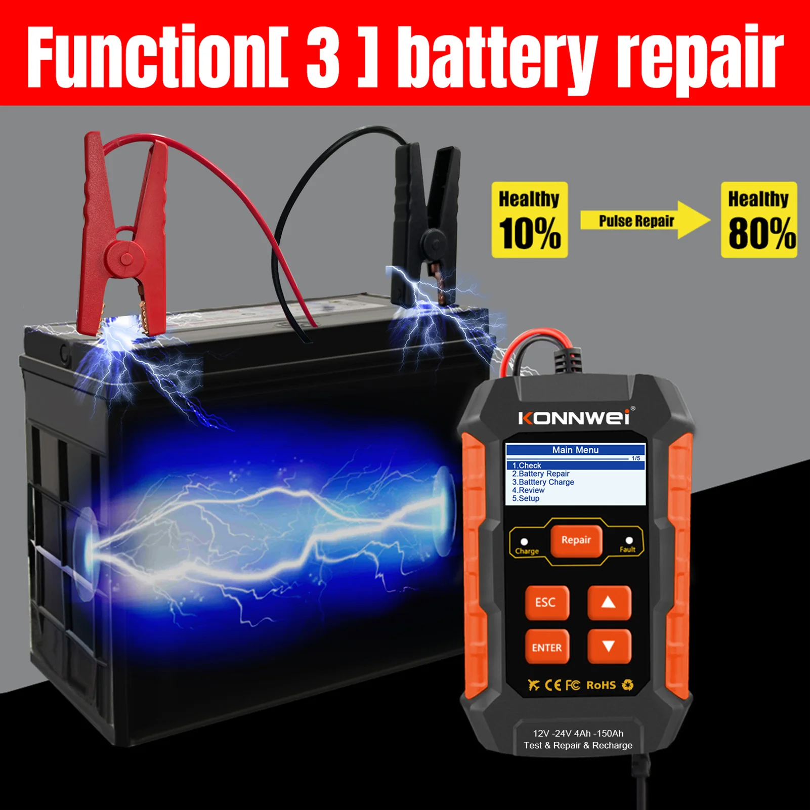 KONNWEI KW520 12V 24V Car Battery Tester Charger and Battery Repairing Tool 3 in 1 Diagnostic Scanner 100-2000CCA Battery Tester