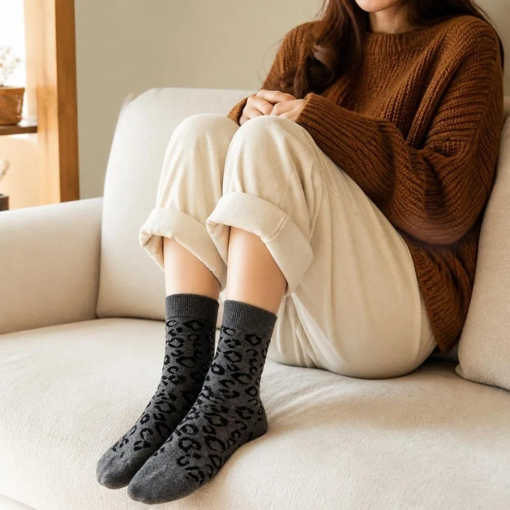 High Elastic Thermal Wool Socks Leopard Print Mid-tube Length Thick Winter Socks Winter Warm Thickened Fabric Kawaii Socks