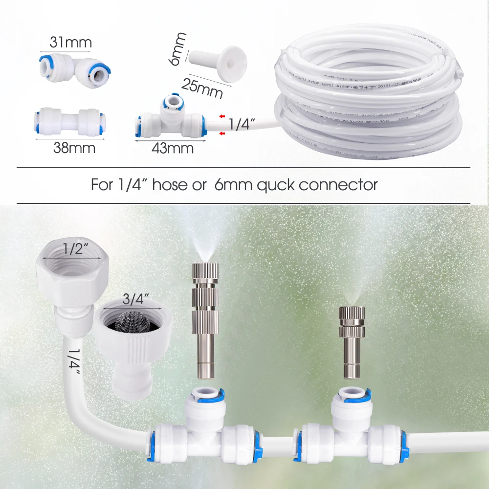 0.3m 6-21M Garden Irrigation Equipment Summer Greenhouse Atomizing Cooling System 60W Self-Priming Pump Copper Nozzle Spray Set