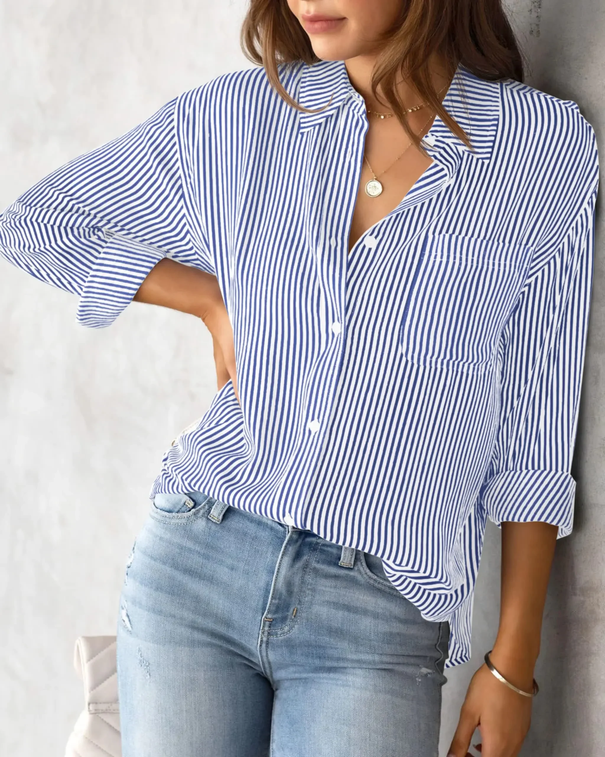 2024 Classic Women Striped Print Basic Shirt Blouse Long Sleeve Casual Button Shirt Daily Office Basic Slim Lady Shirt Fall Tops