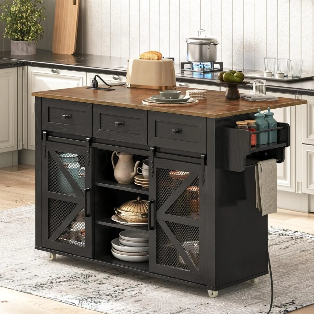 Kitchen Island with Storage, Kitchen Cart with Charging Station, Rolling Kitchen Island Table with Drop-Leaf, 3 Drawers, Barn Do