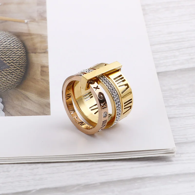 Shiny Zircon Roman Alphabet Three Layers Rings For Women Girl Muticolor Stainless Steel Women\'s Ring Party Wedding Jewelry Gifts