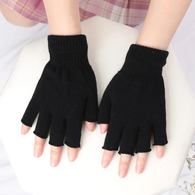 Unisex Black Half Finger Fingerless Gloves Wool Knit Cotton Winter Warm Work Mittens for Women And Men