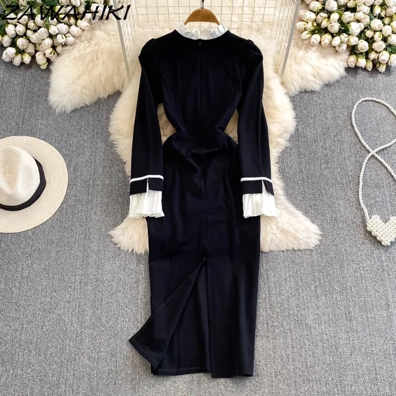 Evening Dress for Women Patchwork Pleated Button Design Vestidos Contrast Color Flare Sleeve Femme Robe Temperament Ropa Mujer