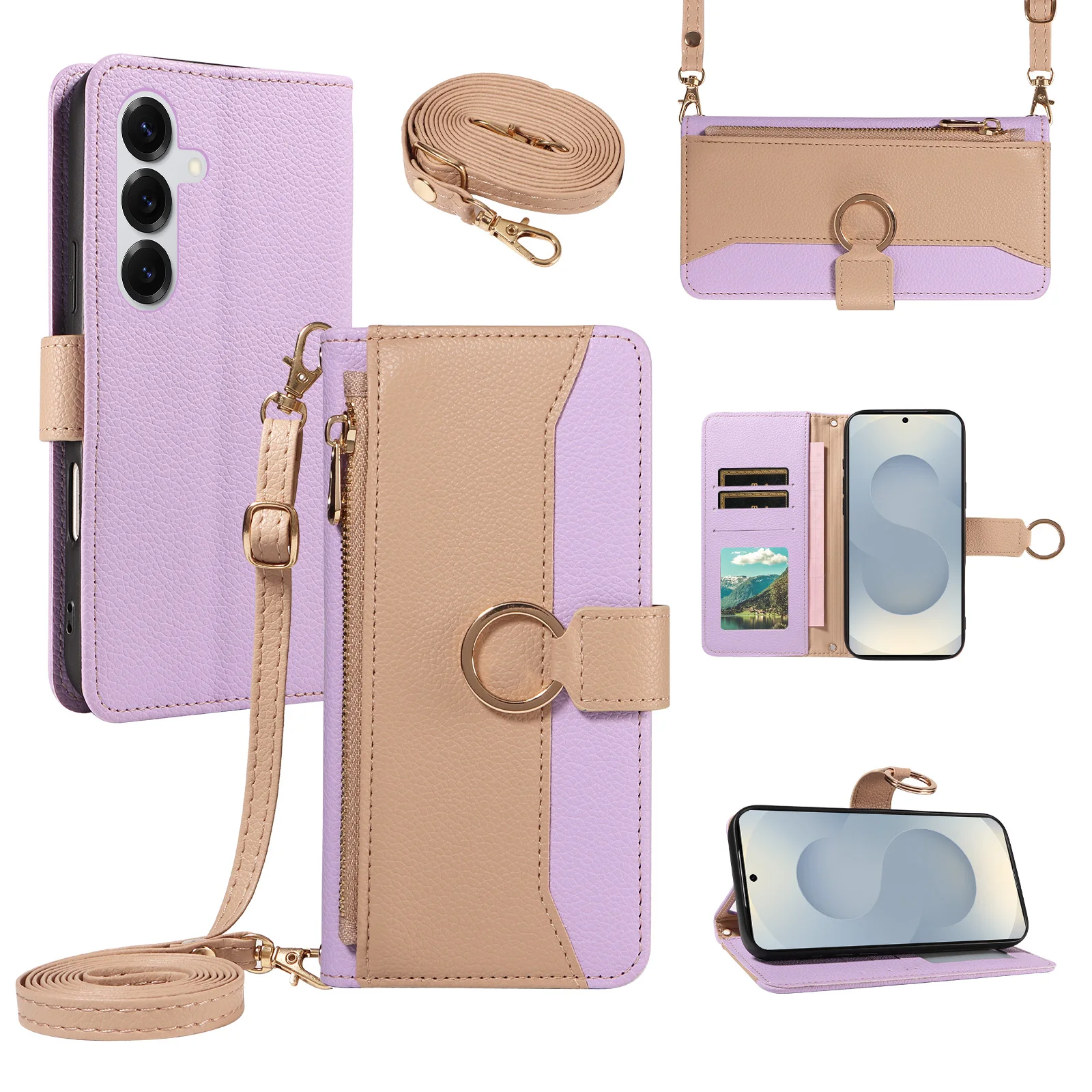 Patchwork-Ring-Reißverschluss-Brieftaschen-Schutzhülle für Samsung S26Ultra S25 Plus S24+ S23 S22 S21 S20 Fe Handyhülle mit Münzfach und Umhängegurt Kunstleder-Handytasche – Detail 3