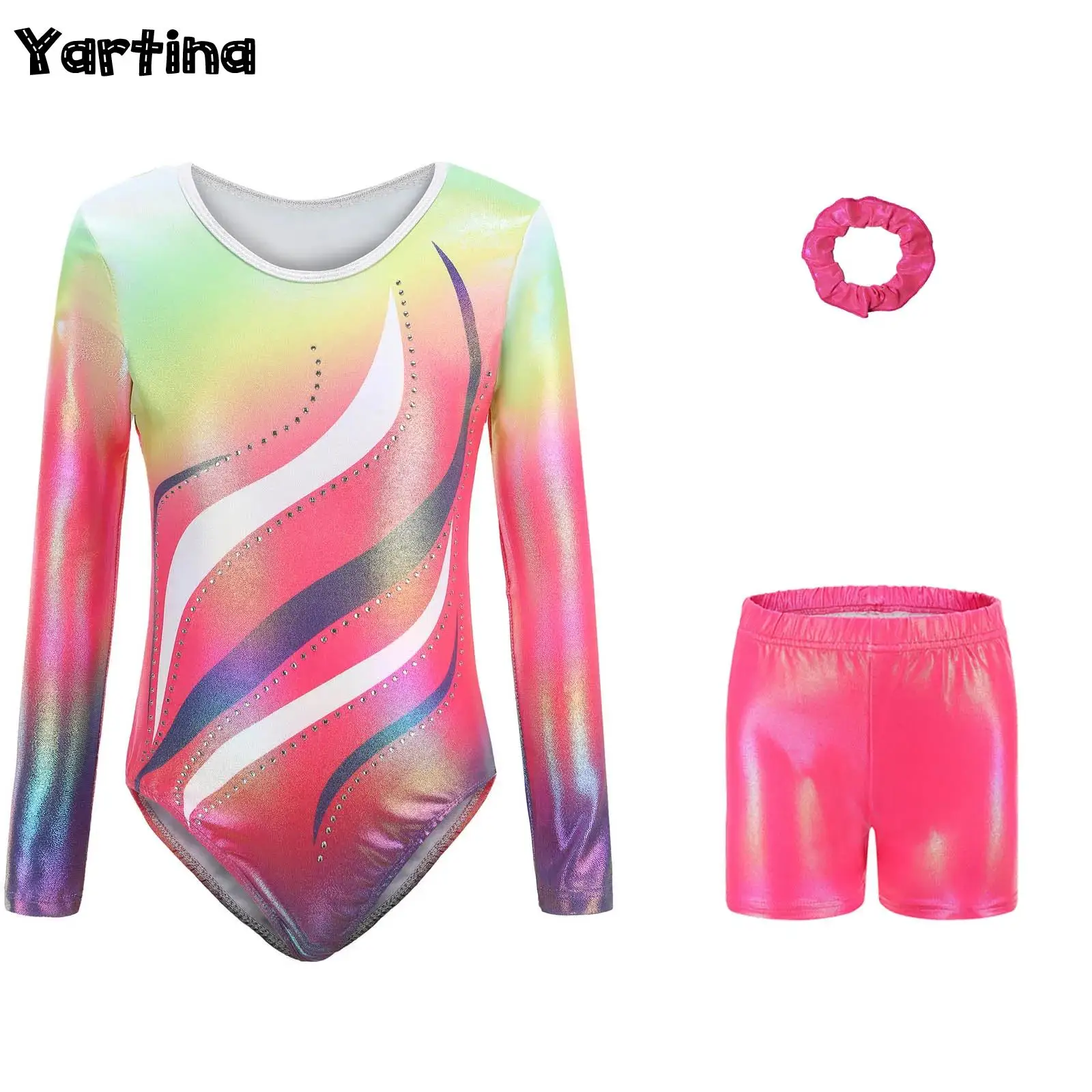 Dziecięce gimnastyczne trykoty dla dziewcząt, strój do łyżwiarstwa figurowego, baletu i tańca, błyszczące cyrkonie, siateczka, długi rękaw, body z dopasowanymi szortami.