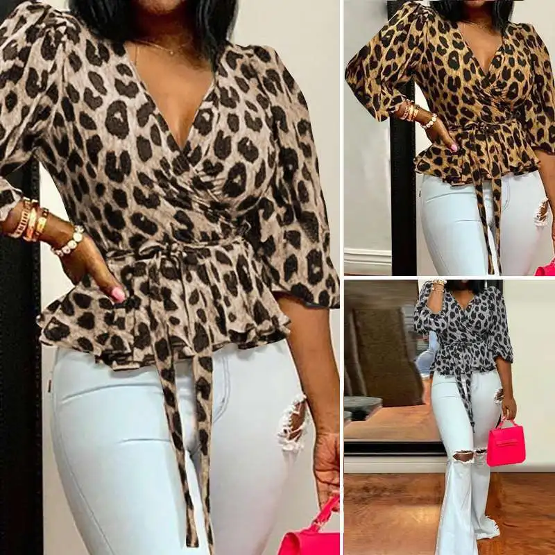 

New Women Vintage Leopard Print Lace Up Sashes Tunic Tops Office Lady V Neck Slim Blouse Casual Shirts Office Clothing Tee