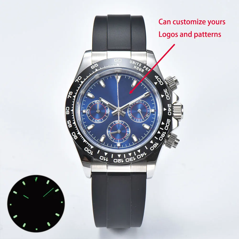 Orologio da polso da uomo personalizzato da 39 mm VK63 movimento orologio da polso vetro zaffiro cinturino in caucciù orologio da polso impermeabile da uomo d'affari 10Bar