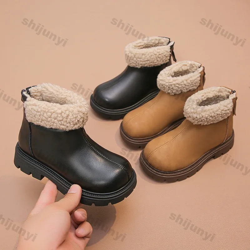 Winter Girls Short Boots Plush Warm New Anti Slip Ankle Boots Waterproof Comfortable Soft Sole PU Leather Fashion Children Shoes