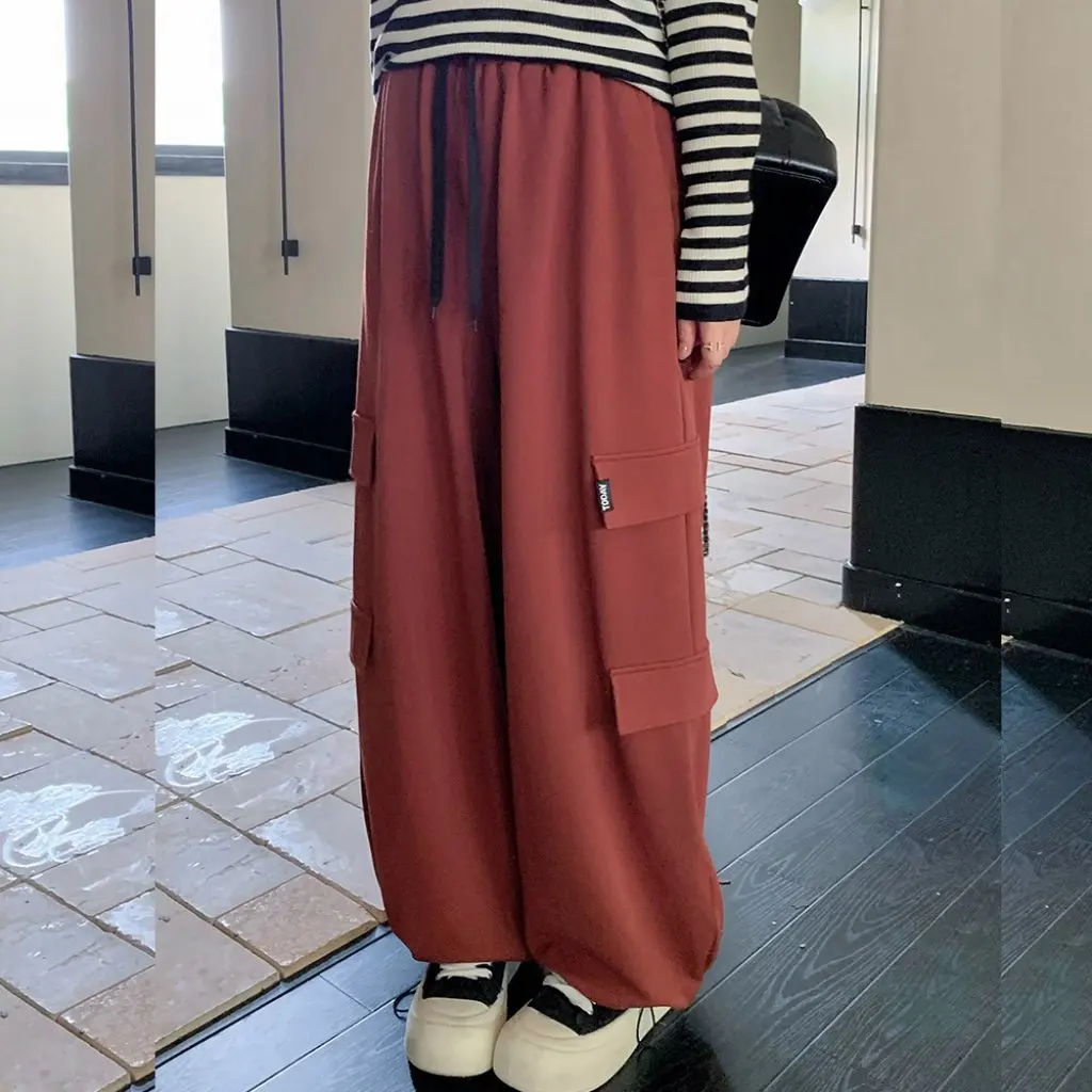 

K2838 High Waist Cargo Pants for Women plus Size Wide Leg Pants with Pockets Loose Fit Draping Straight Chubby Girl Knitted