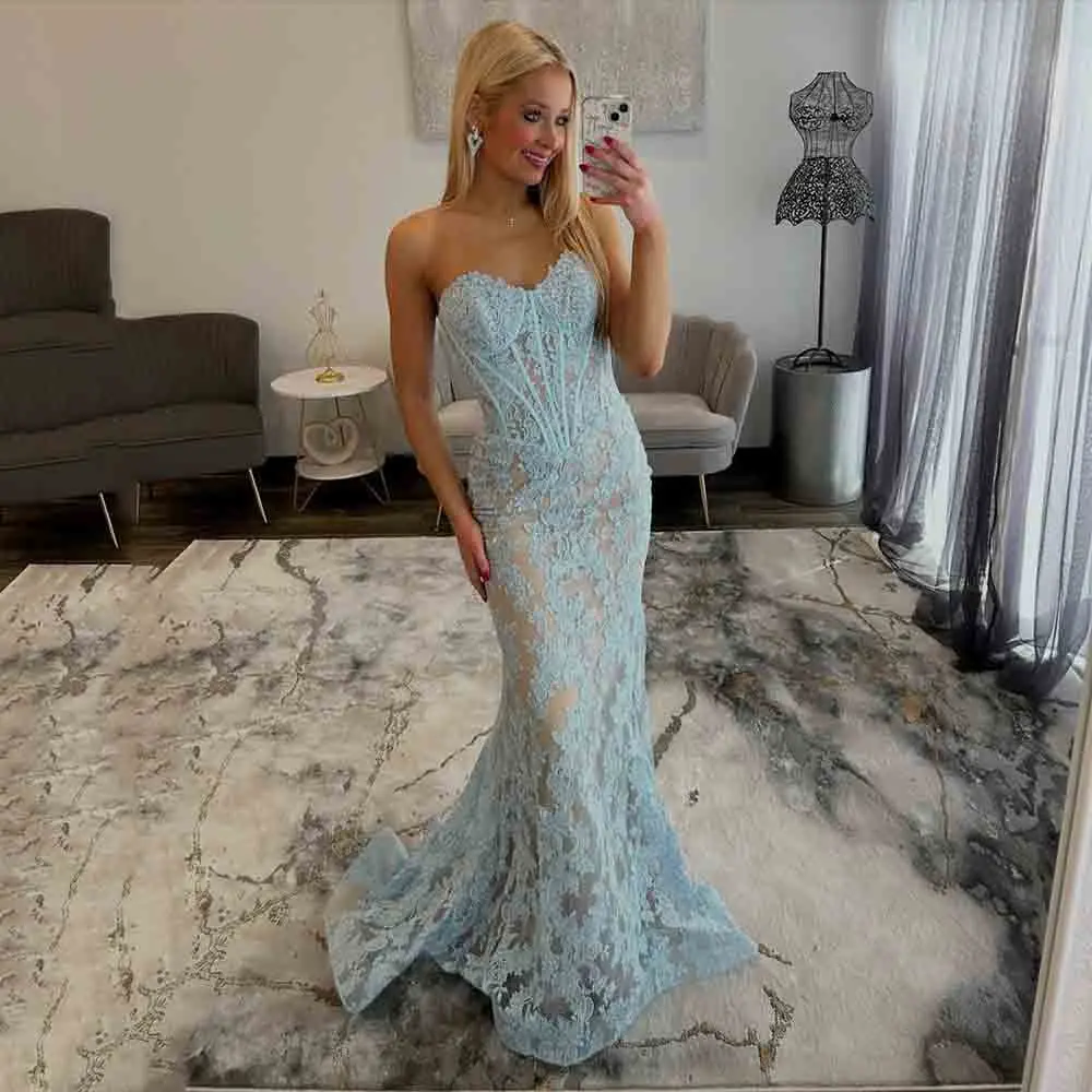 Galarity Lace Mermaid Evening Dress Strapless Sheer Boned Formal Occasion Gown Prom Dress Corset Backless Party Dress Customizd
