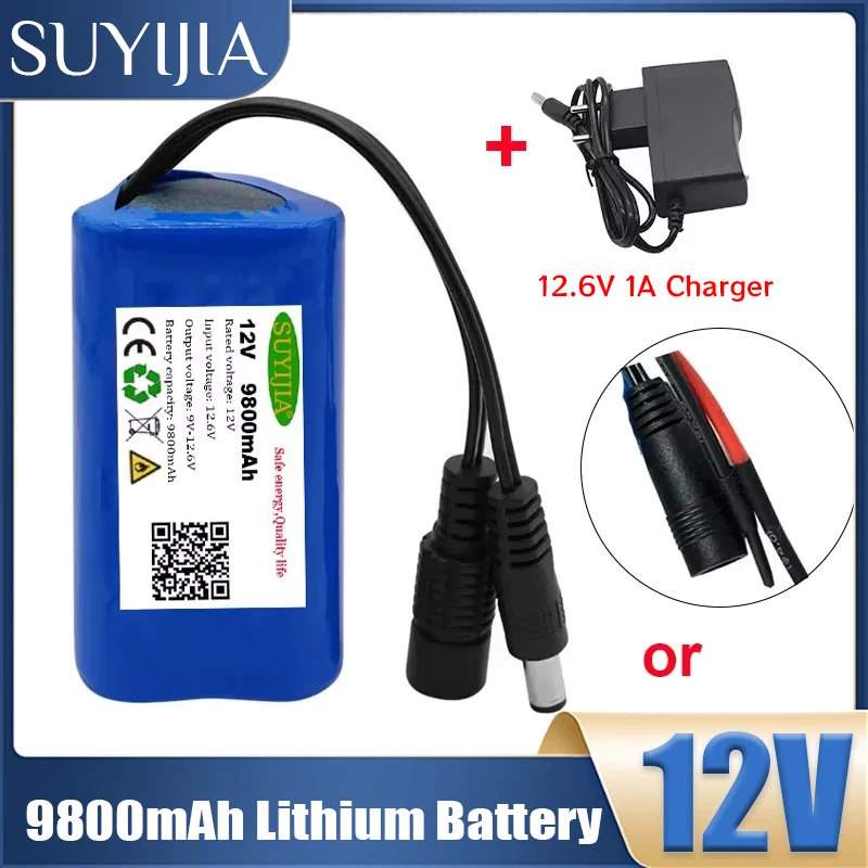 12V 18650 Battery Pack 9800mah 3S1P Li-ion Rechargeable Batteries W/ BMS Lithium Cells Protection Board for CCTV +12.6V Charger