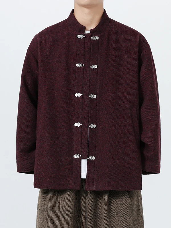 جديد الصينية Sle تانغ دعوى الرجال الخريف الشتاء الصوفية Jaet فضفاضة الوقوف طوق Zhongan معطف زر حتى طويل Sve ملابس خارجية