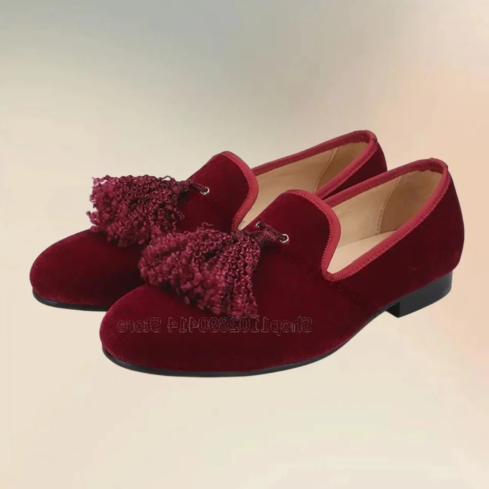 

Red Tassels Decor Velvet Men Loafers Fashion Slip On Men Casual Shoes Luxurious Handcraft Party Banquet Wedding Men Dress Shoes