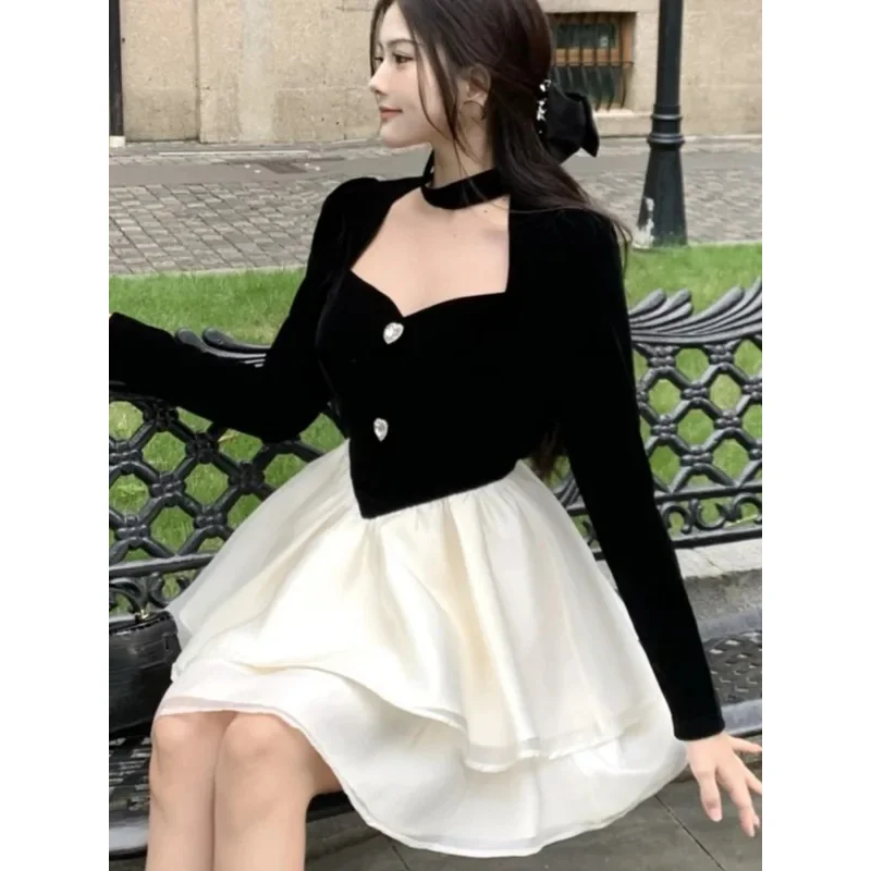 Y2k mini vestido de princesa feminino veludo retalhos em camadas babados a linha outono primavera elegante vintage festa à noite vestidos mujer