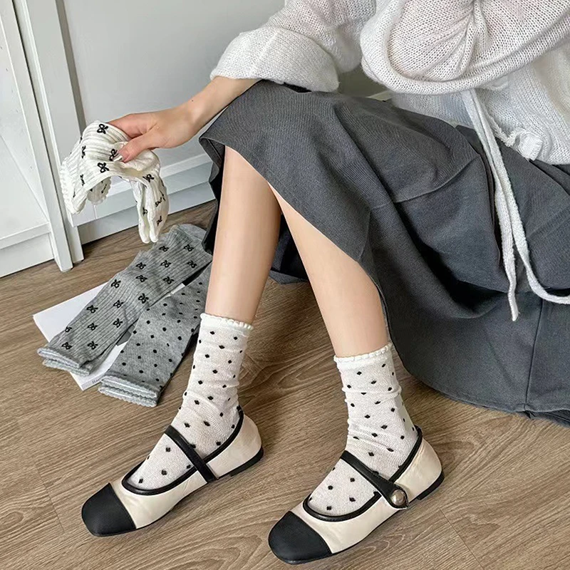 1 Pair Mesh Breathable Hollow Out Long Socks Sweet Polka Dots Bow Lace Socks Girly Heart Summer Casual Fashion Mid-tube Stocking