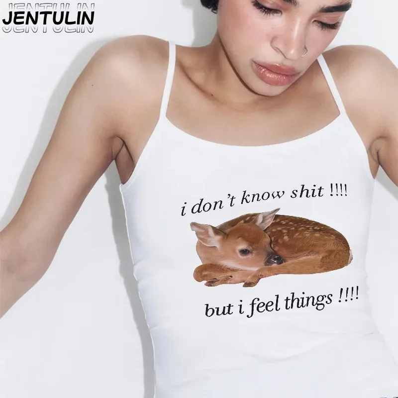 귀여운 작은 사슴 그래픽 프린트 크롭탑 2000년대 Y2K 탱크탑 고딕 슬림 민소매 코케트 베스트 캐주얼 코르셋 에모걸