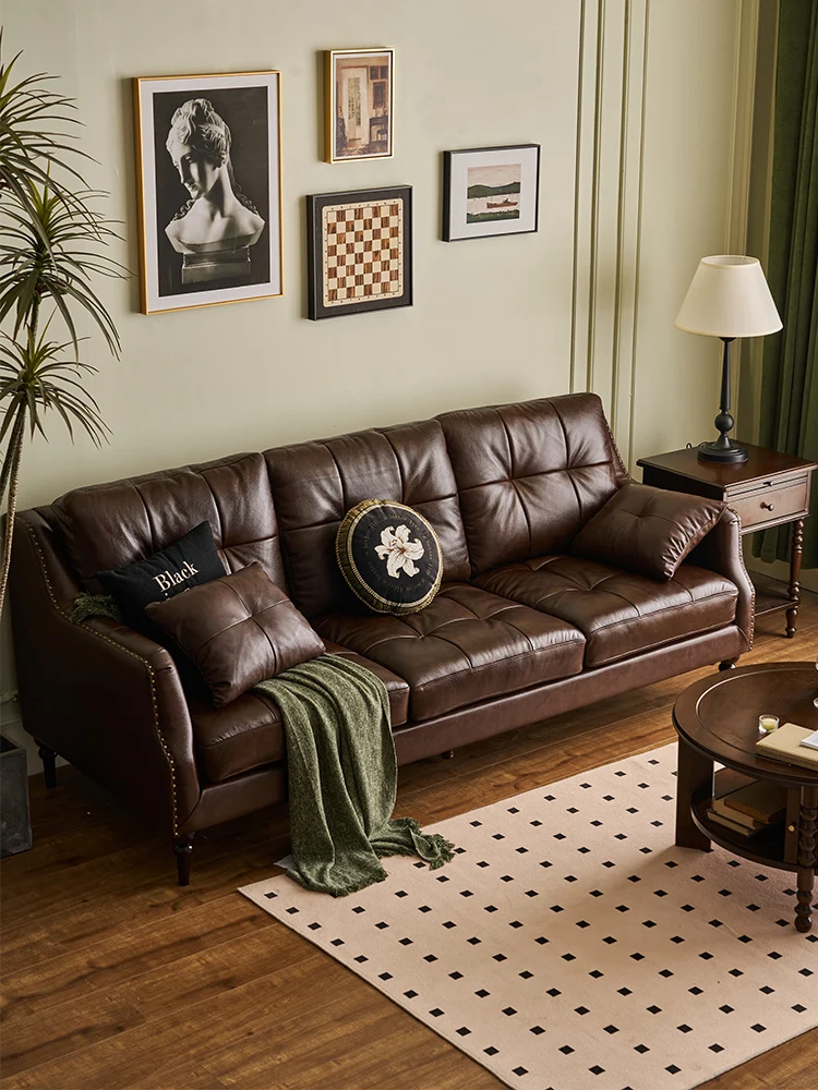 

TT Retro style sofa leather living room American new straight row solid wood black cowhide sofa three people