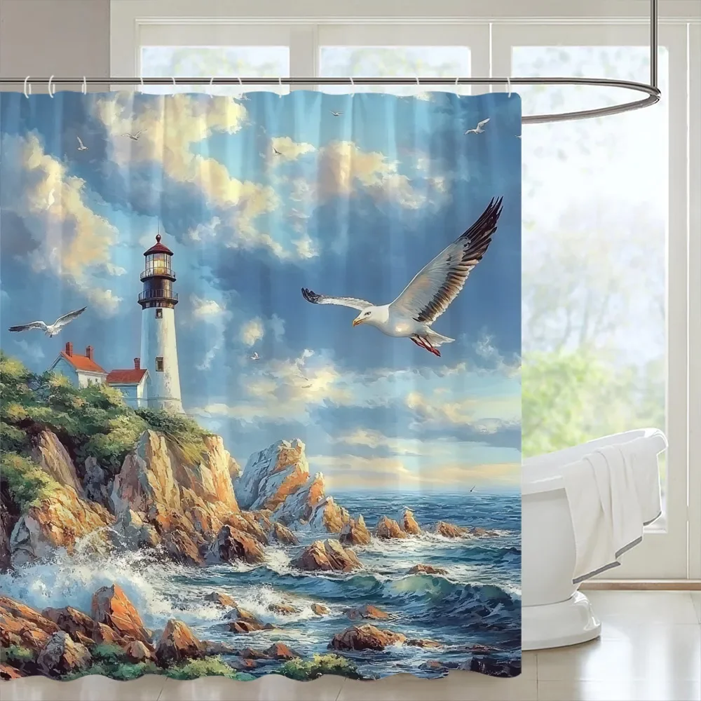 Coastal Lighthouse Shower Curtain, Beach Theme Shower Curtain with Blue Wooden Boats and Seagulls, Bathroom Decor with Hooks