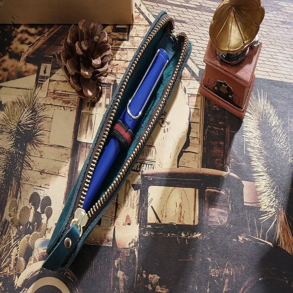 Functional Cowhide Leather Pen Bag Retro Mini Tablet Pen Holder Vintage Zipper Electronic Writing Pen Protective Office Supplies