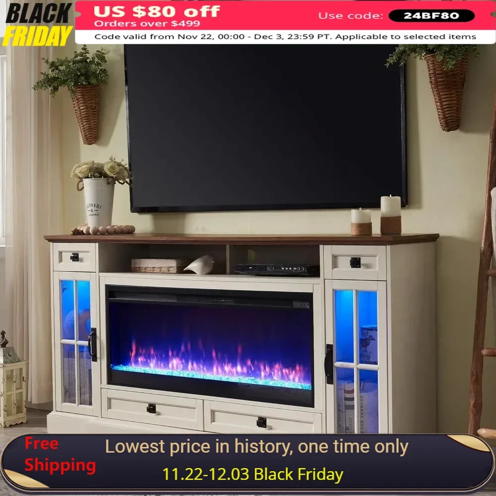 

Fireplace TV Stand with LED Lights & Storage Drawers & Cabinets Farmhouse Entertainment Center Electric Fireplace TV Console