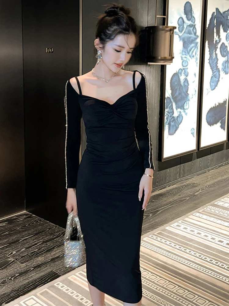 فستان سهرة نسائي أنيق بمزاج أسود مثير شفاف منخفض القطع مكشوف الأكتاف طيات فستان حفلات ميدي رداء نسائي #2