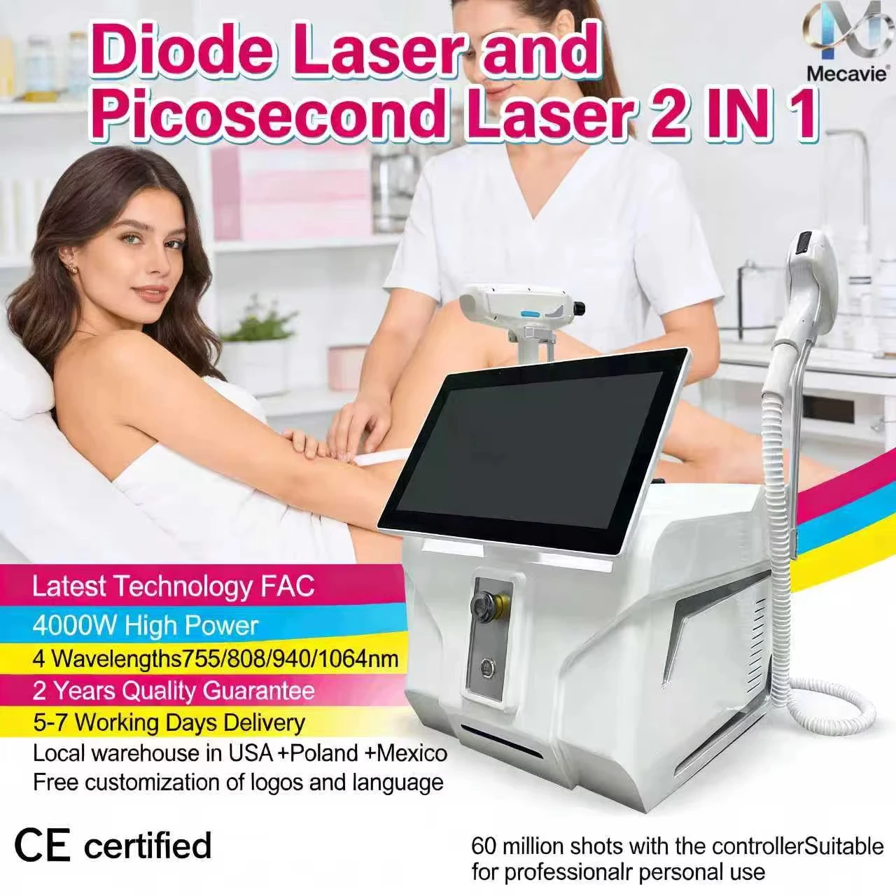 

Лазерный аппарат для удаления волос 755 1064 808 940 нм, диодный лазер с 4 длинами волн, 3000 Вт/4000 Вт, с функцией охлаждения Ice Cool, для женщин