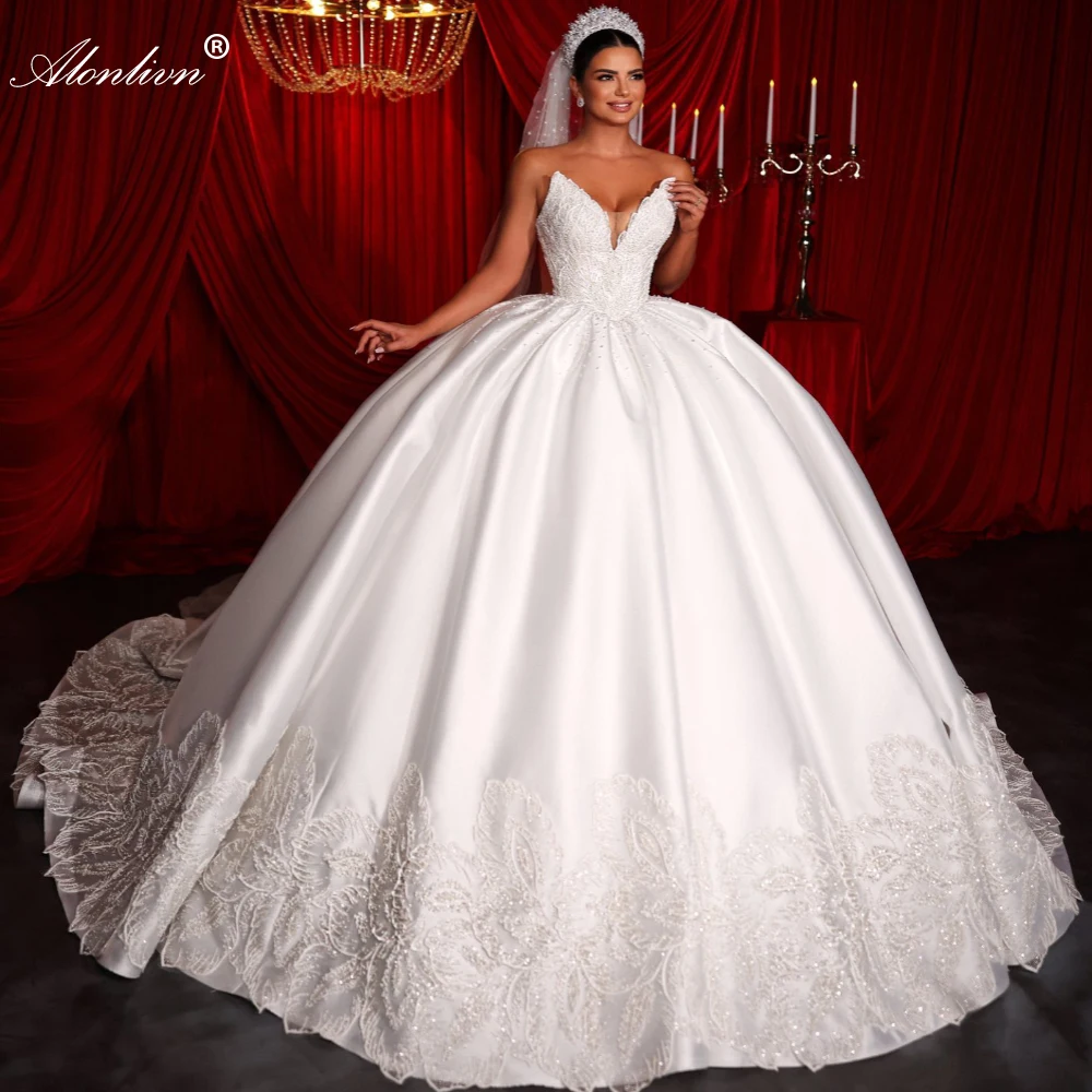 

Alonlivn Custom Made Vintage Satin Sweetheart Ball Gown Wedding Dresses With Beaded Pearls Appliques Lace Puffy Bridal Dresses