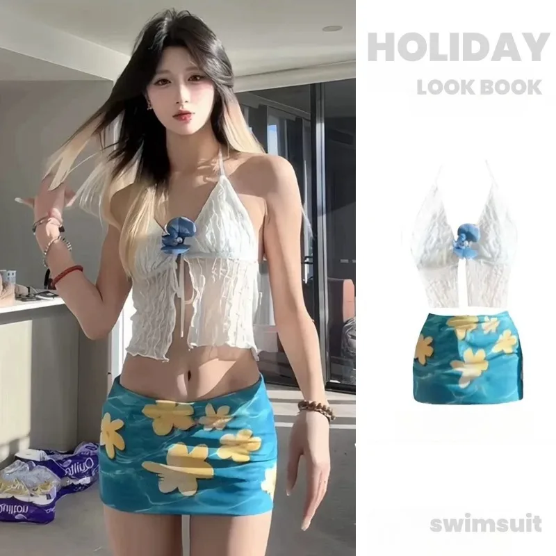 Pure Flirty 3D ดอกไม้ V คอลูกไม้ Halter คอ Crop Top สําหรับผู้หญิงฤดูร้อน Babe เซ็กซี่ Cami Casual Beach Party ชุดว่ายน้ํา