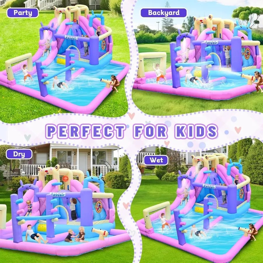 Glissière d'eau gonflable pour maison de rebond, Combo de glissières d'eau pour cavalier d'arrière-cour avec mur d'escalade, cerceau de basket-ball, Splash Po