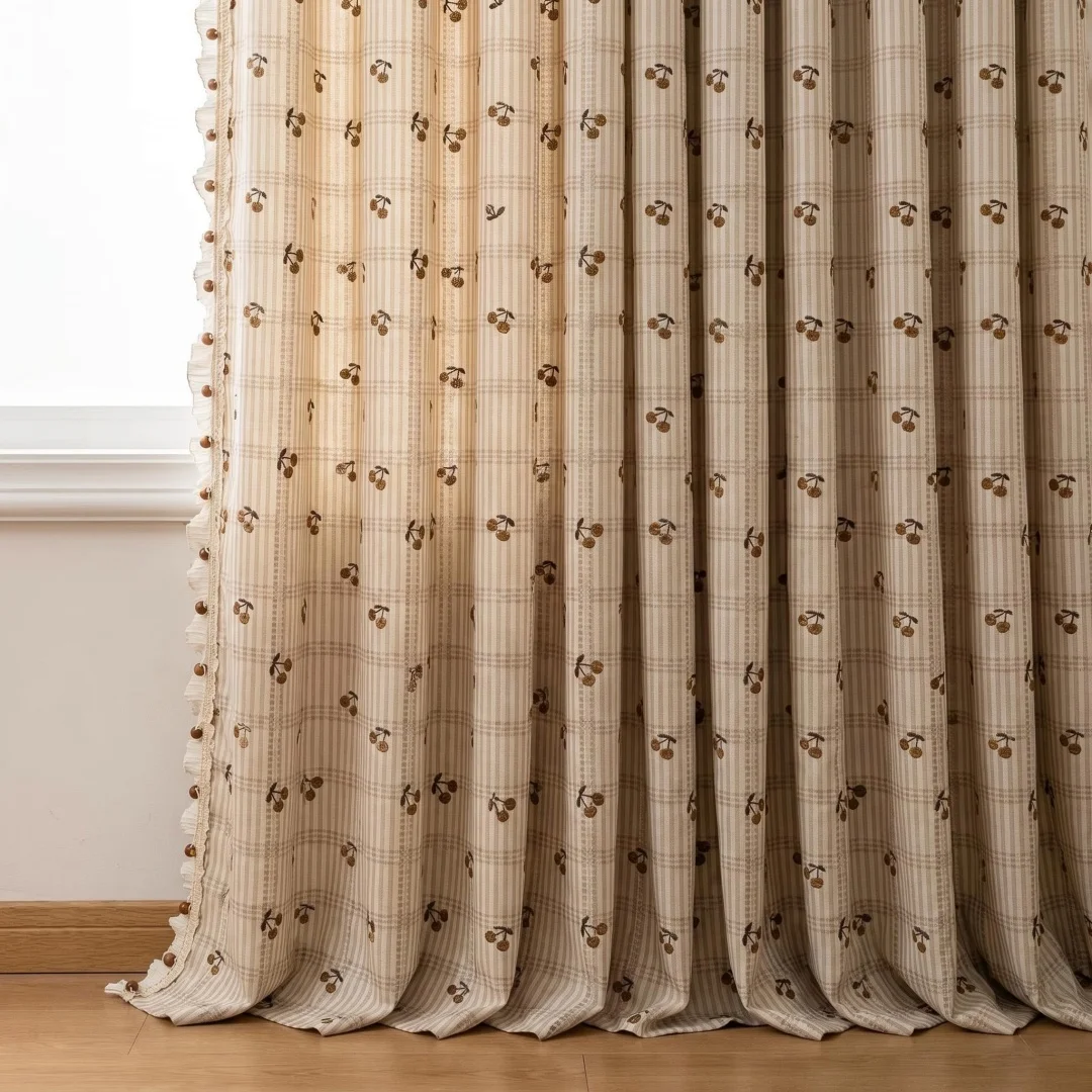 New retro French pastoral cherry embroidered striped curtains living room bedroom bay window curtains