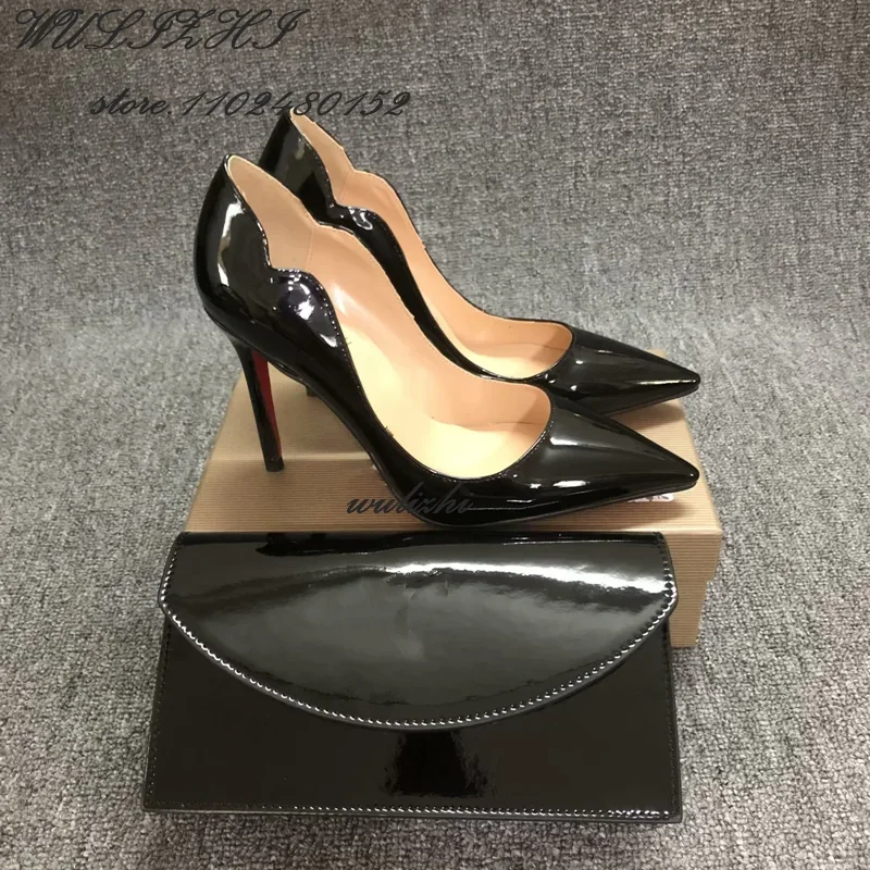 Seksowne Peep Toe czarne lakierowane obcasy damskie otwarte 12Cm sandały częściowa torebka ze skośnymi szpiczastymi obcasami eleganckie buty