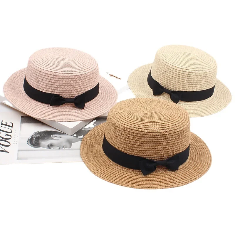 2022 Simple Summer Parent-child Beach Hat Female Casual Panama Hat Lady Brand Women Flat Brim Bowknot Straw Cap Girls Sun Hat