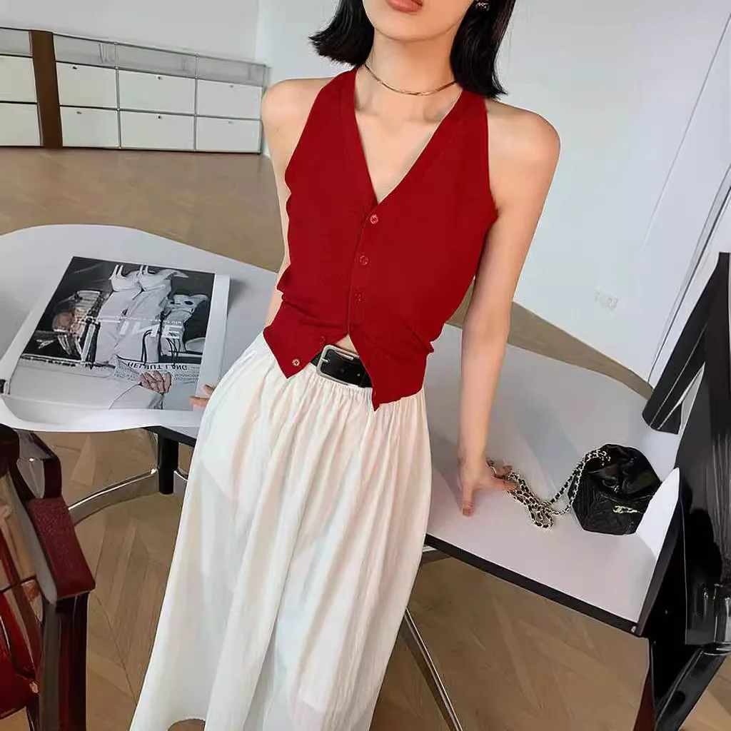 

7582 Summer French Style Pineapple Texture V-Neck Sleeveless Off-Shoulder High-Waist Short Ice Silk Vest Inner Camisole