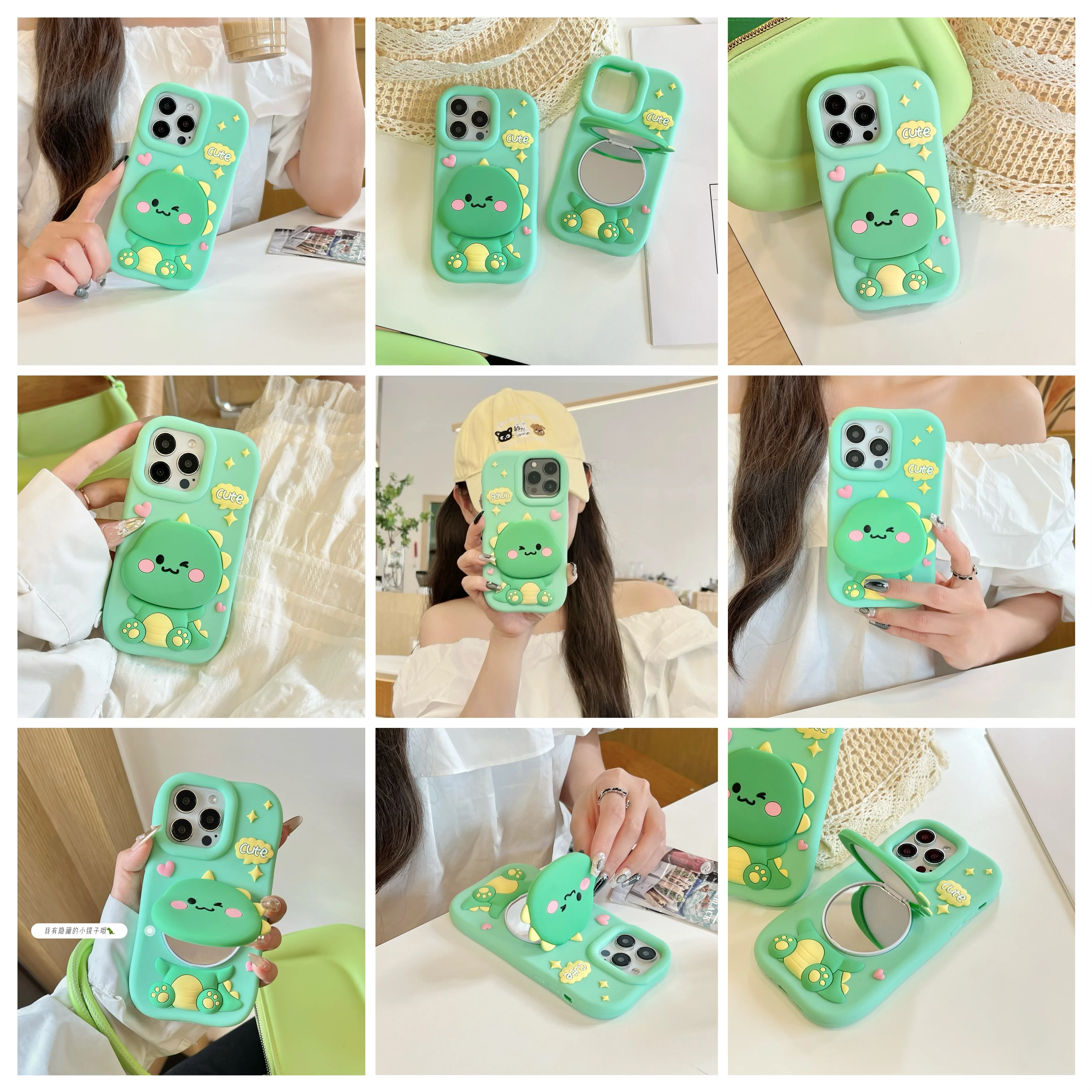 

for iPhone 13 14 15 16 17 Pro Max 3D cute green animal with mirror cartoon soft silicone phone case protective cover shockproof