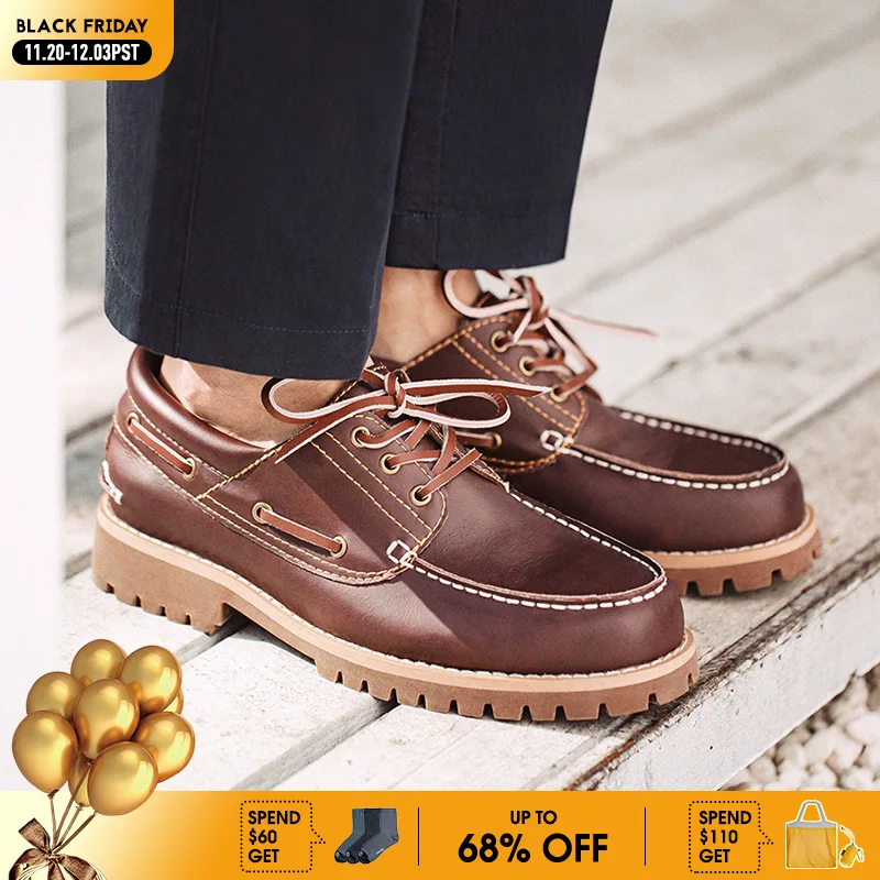 

Maden Men's Vintage Second-layer Cowhide Boat Shoes Genuine Leather Derby Shoes Round Toe Low Top Boots British Style Work Shoes