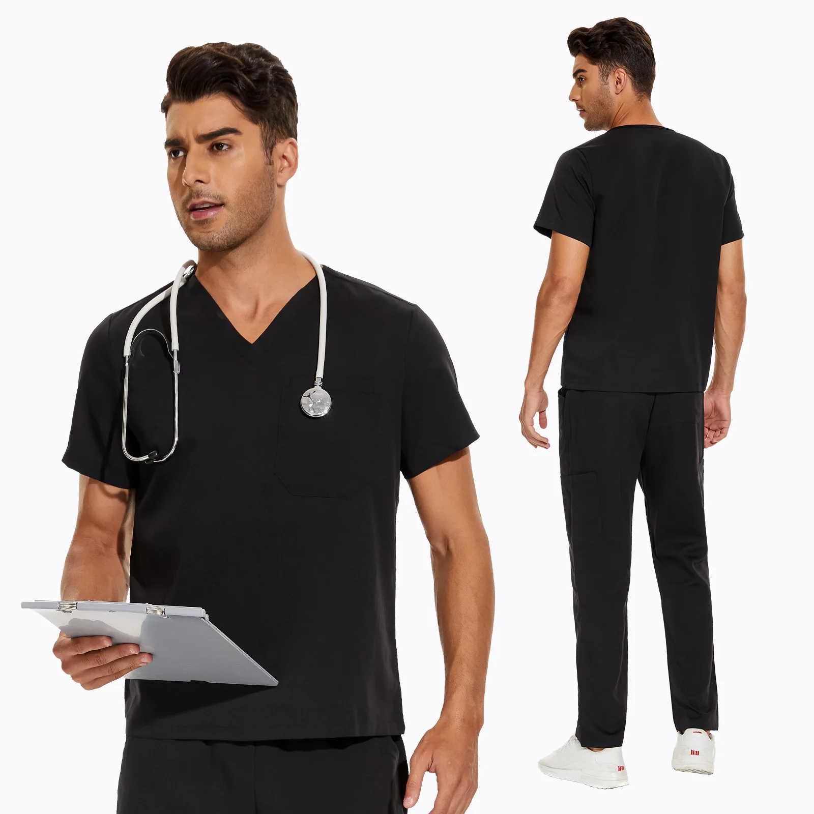 

High-End Operating Room Solid Color Unisex Doctor Gown Short Sleeve Surgical Scrub Set