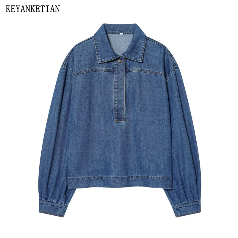

KEYANKETIAN 2026 Spring New Women's Casual Loose Denim Shirt Turn Down Collar Half Button Long Sleeve Pullover Top Blouse