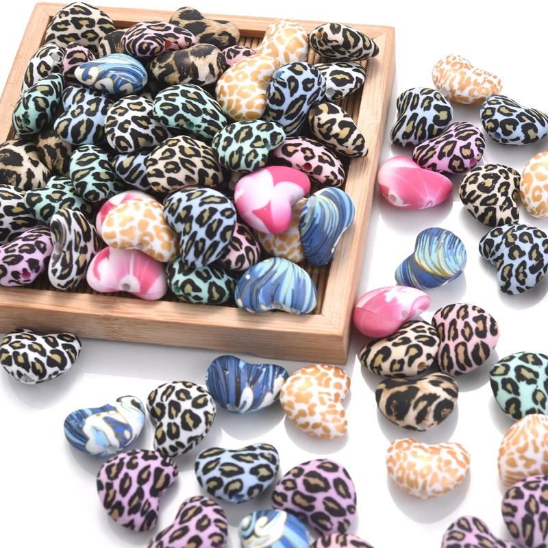 10pcs Leopard Heart Cartoon Silicone Beads Food Grade Teether Animal BPA-Free Baby Teething Toy Pacifier Chain Beads Accessories