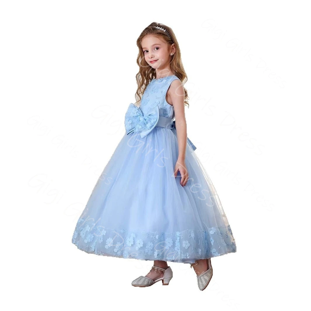 

Платье с цветочным узором до щиколотки для девочек на свадьбу, синее кружевное платье с аппликацией на день рождения и бантом, праздничное бальное платье по индивидуальному заказу