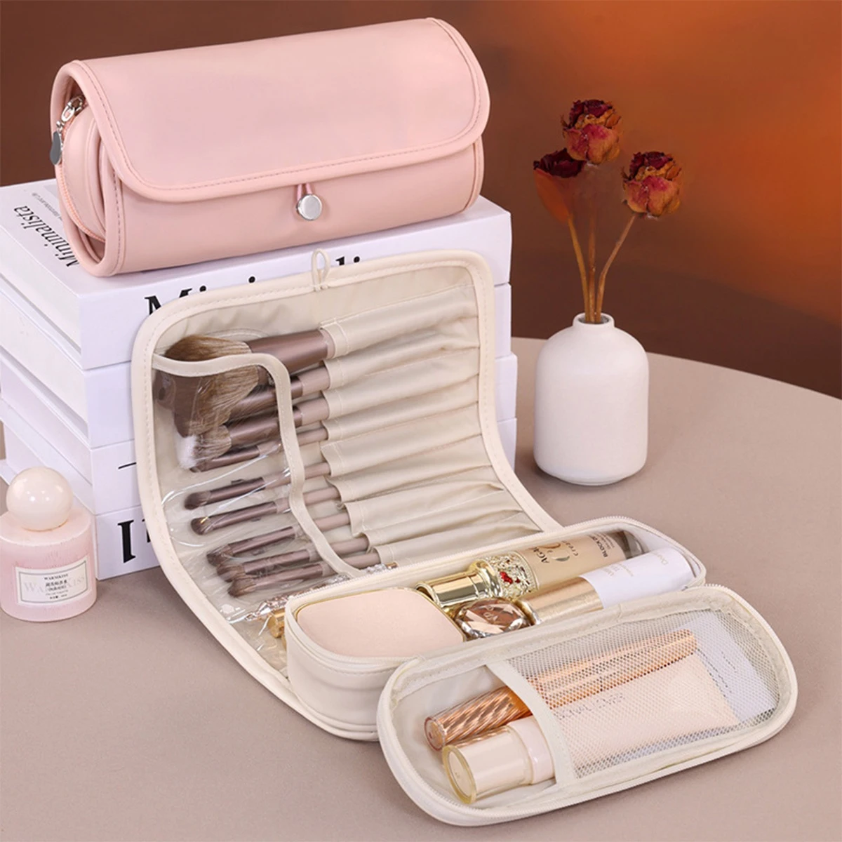 Tragbare PU-Beauty-Make-up-Tasche, multifunktional, faltbar, Kosmetik-Organizer, Reisebürste, Aufbewahrung von Augenbrauenstift, Urlaubsgeschenkidee