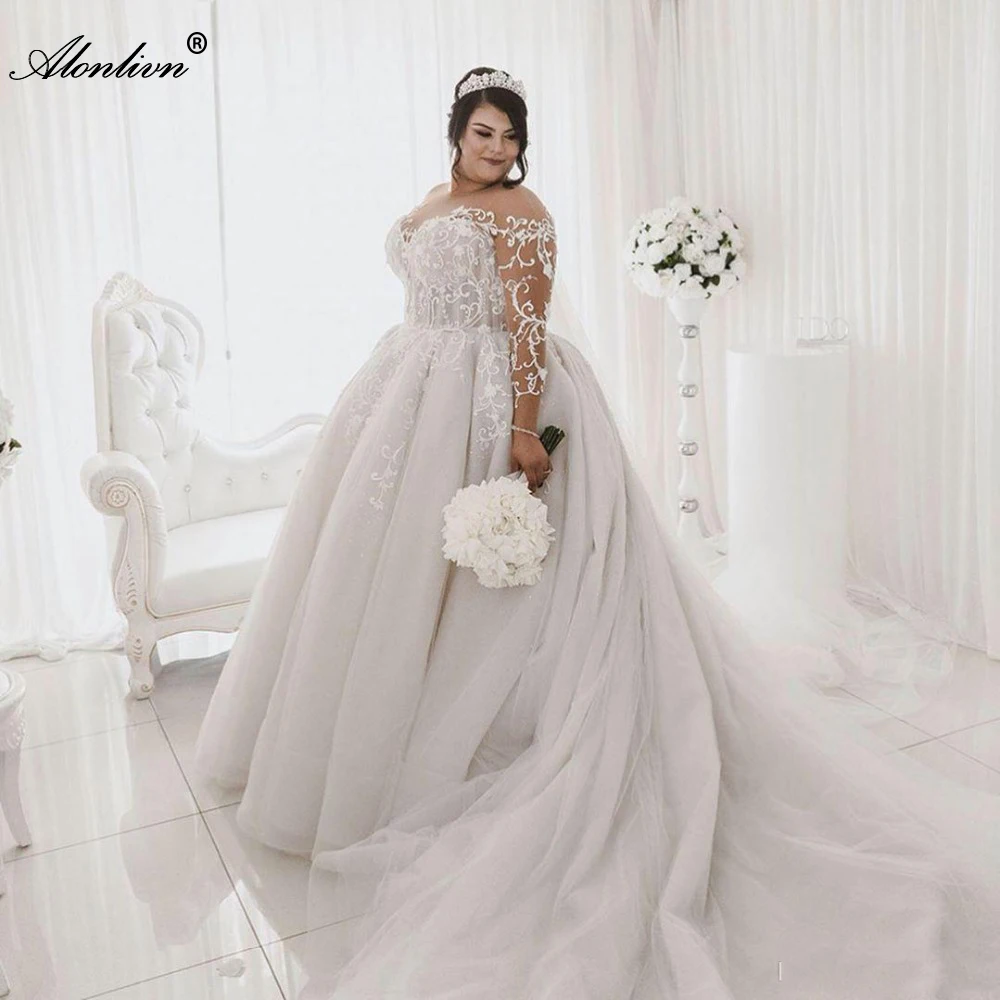 Alonlivn PLUS SIZE of A Line Wedding Dress With Elegant Symmetrical Lace Of Full Sleeve