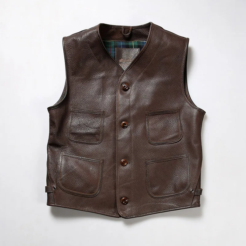 Summer new simple casual leather biker vest men's women universal lychee texture cow horn buckle brown retro cowhide waistcoat