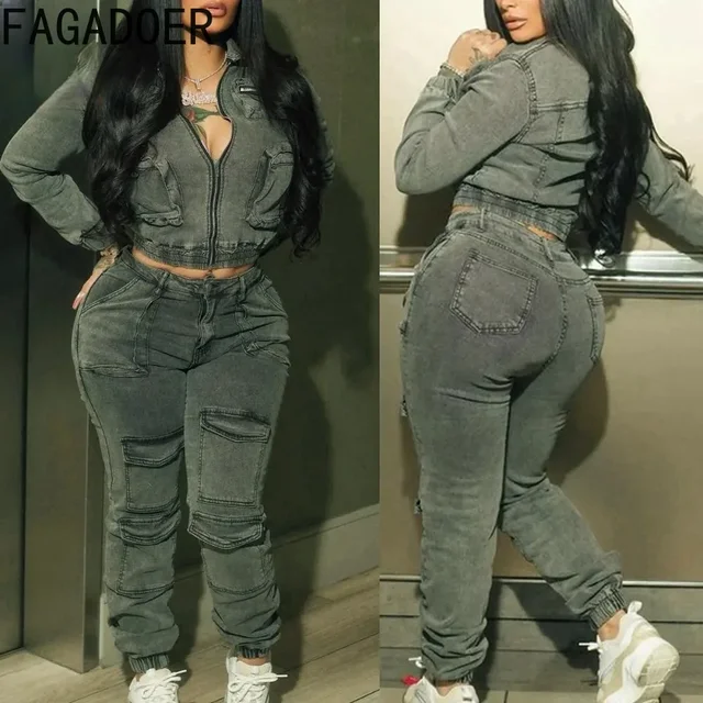 FAGADOER Fashion Denim Dwuczęściowy zestaw dla kobiet Y2k Streetwear Lapel Zip Crop Jacket i Cargo Pockets Stretchy Jeans Outfits