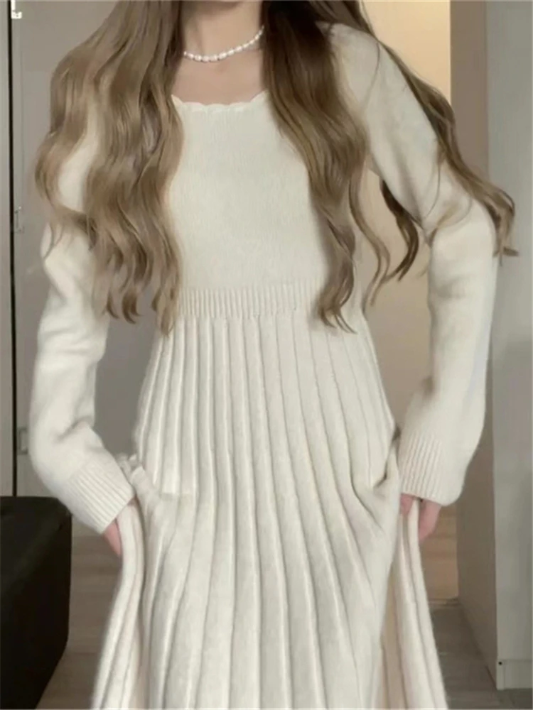 Colorfaith DR9276DG New 2024 Vintage Knitting High Waist Elegant Lady Knitwear Elasticity Women\'s Spring Winter Long Dresses