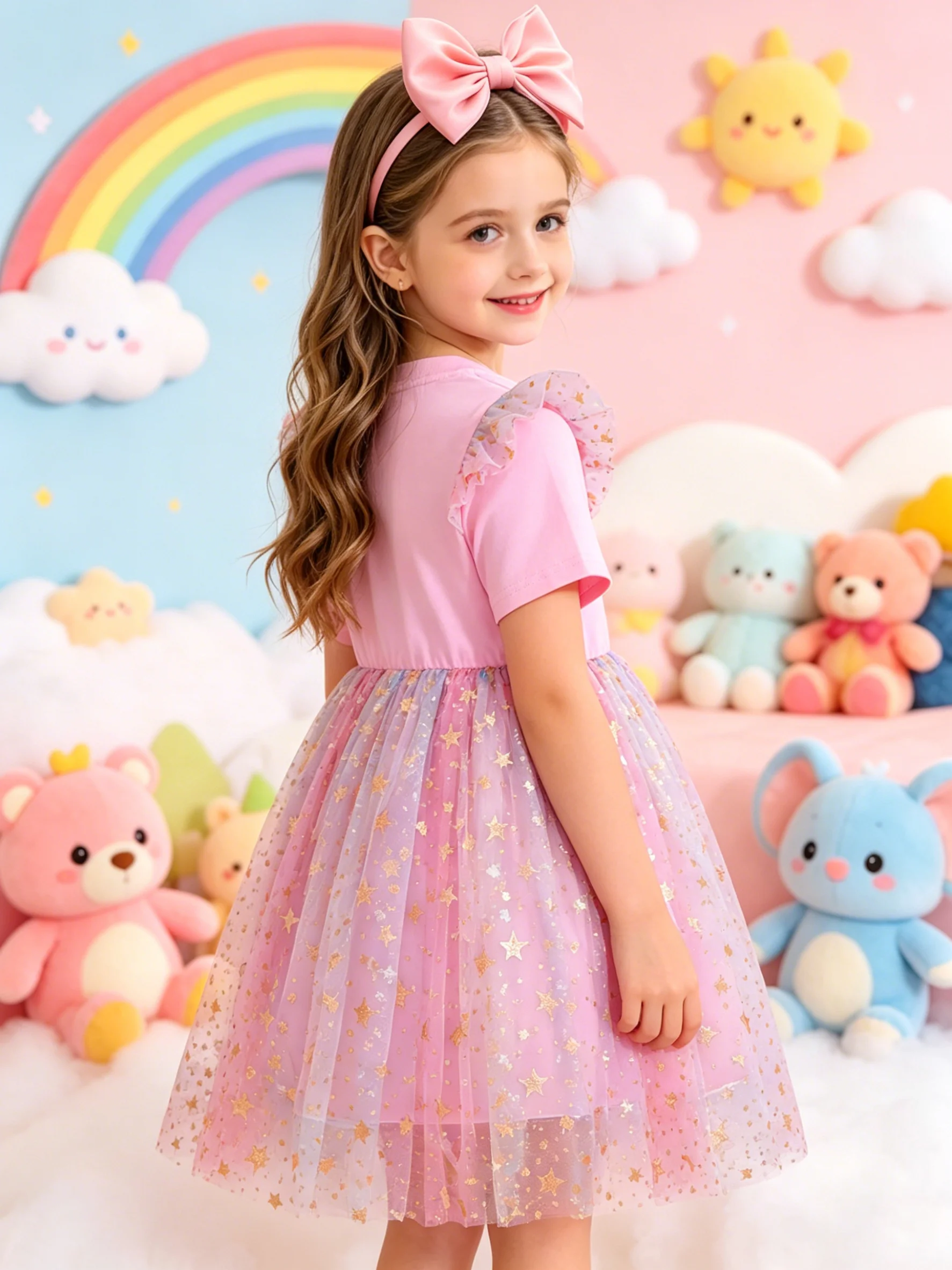 Mädchen-K-Pop-Kleid mit Cartoon-Idol-Print, Regenbogen-Farbverlauf, Pailletten-Mesh, Lässig Locker Sitzend, Trendige Kindermode – Detail 5